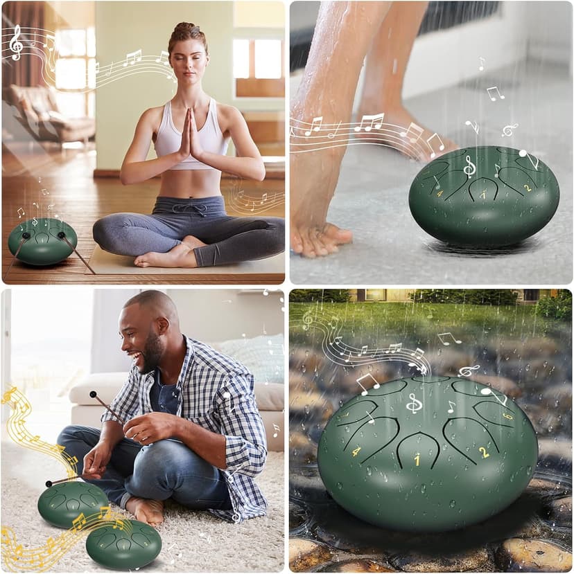Rain Drum for Outside Garden, 6 Inches 8 Notes Steel Tongue Chakra Drums, Waterproof Meditation Rain Chime, Musical Instruments for Adult Gift with Bag, Music Book, Drum Mallets (Green) B0D9QJNPJ3