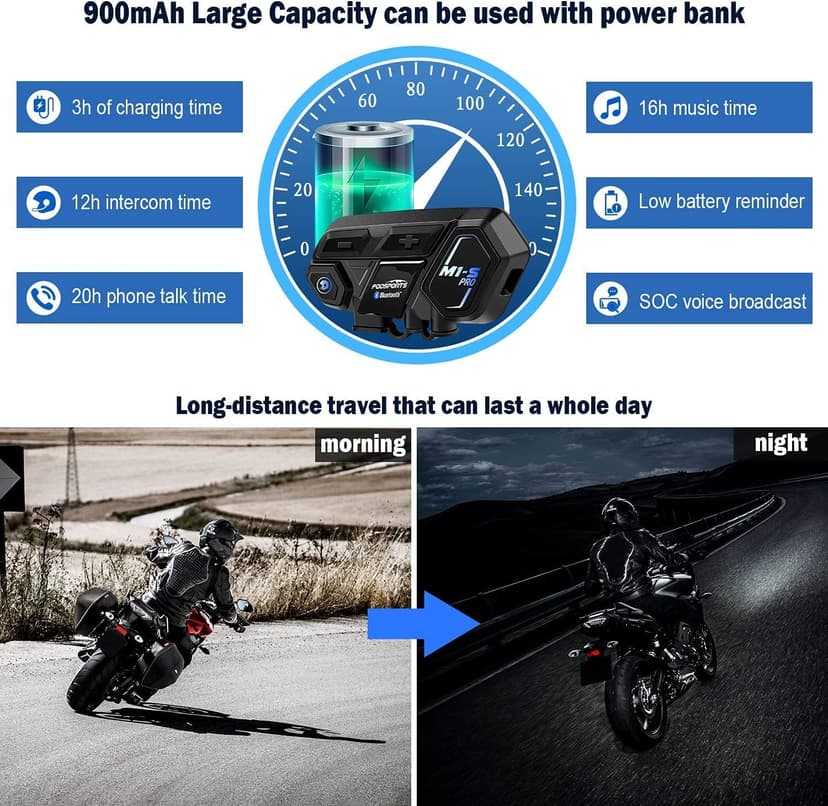 Fodsports Motorcycle Bluetooth Intercom, Music Sharing, M1S Pro 2000m 10 Riders Group Helmet Communication System Headset Universal Wireless Interphone (Waterproof/Handsfree/Stereo Music/GPS/2 Mic)