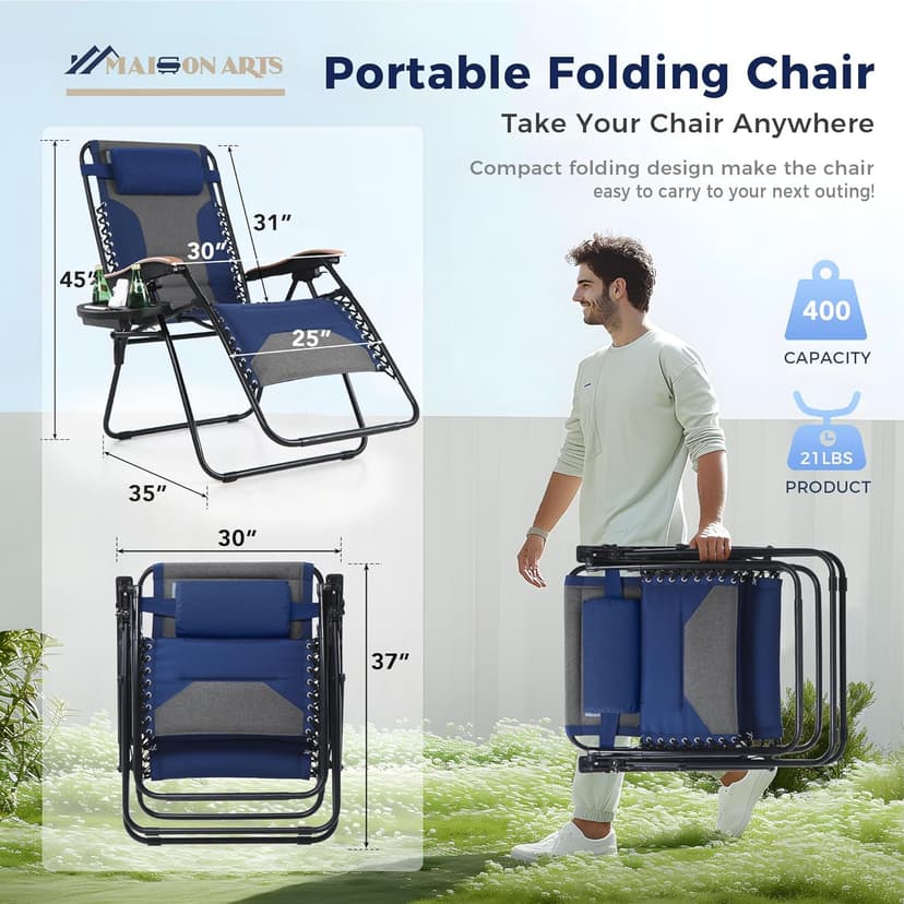 MAISON ARTS Oversized XXL Padded Zero Gravity Chair, 30" Wide Seat Foldable Patio Recliner, Anti Gravity Outdoor Lawn Chair with Cup Holder & Pillow, Supports 400lbs, Blue & Grey