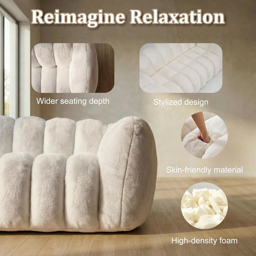 Oversized Bean Bag Sofa for Adults, Comfy Faux Fur Floor Lounger Loveseat Couch with Shredded Foam Filling, Large Bean Bag Sofa Plush Bean Bag Couch for Living Room, Bedroom, Apartment, Beige
