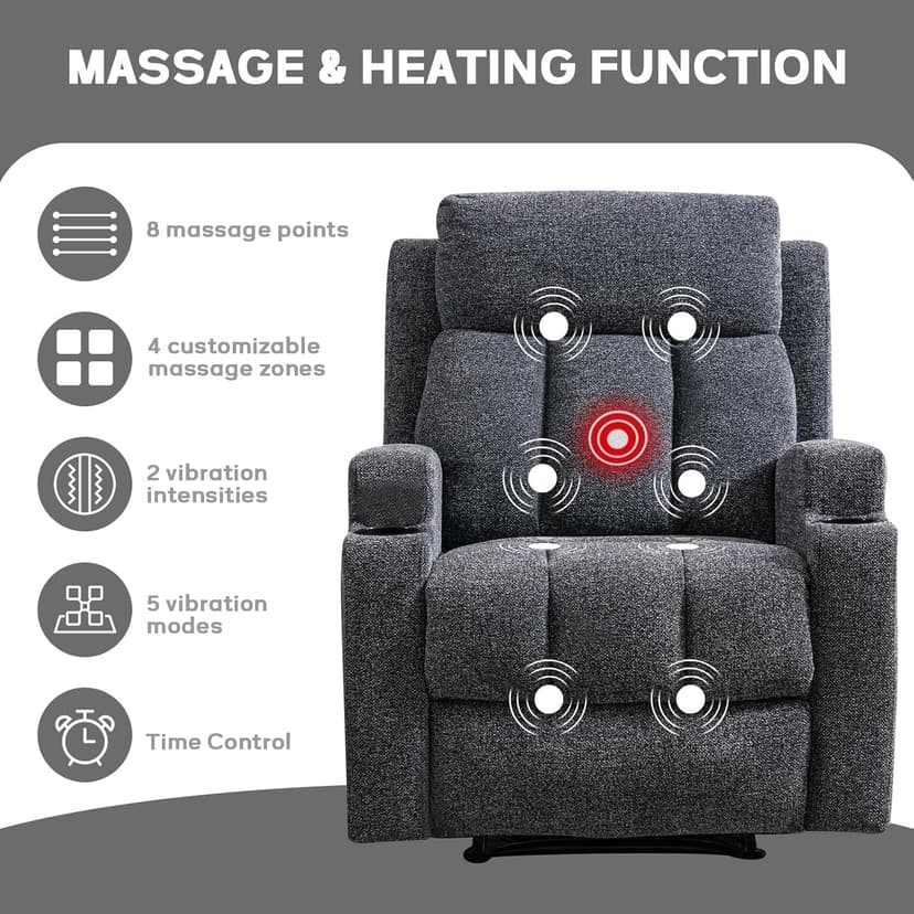 CANMOV Manual Recliner Chair with Massage and Heat, Soft Fabric Recliner Chair with Overstuffed Arm and Back, Manual Reclining Single Sofa with 2 Cup Holders, Side Pocket for Living Room, Dark Grey