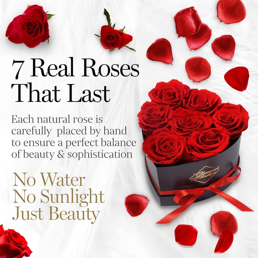 Small keepsake flower box for women, unique trinket and memory gift, cute present for a girlfriend, teacher or coworker GLAMOUR BOUTIQUE Preserved Flowers, 7 Forever Red Roses in Heart Gift Box