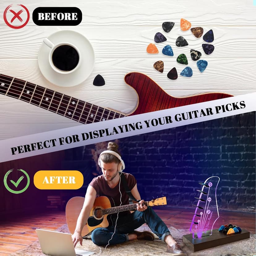 Wooden Guitar Pick Holders Music Gift for Men Guitar Music Lovers Players Guitarist, Guitar Accessories NZNDB Light Up Guitar Pick Holder for Picks Storage and Display B0DFPMTBMF