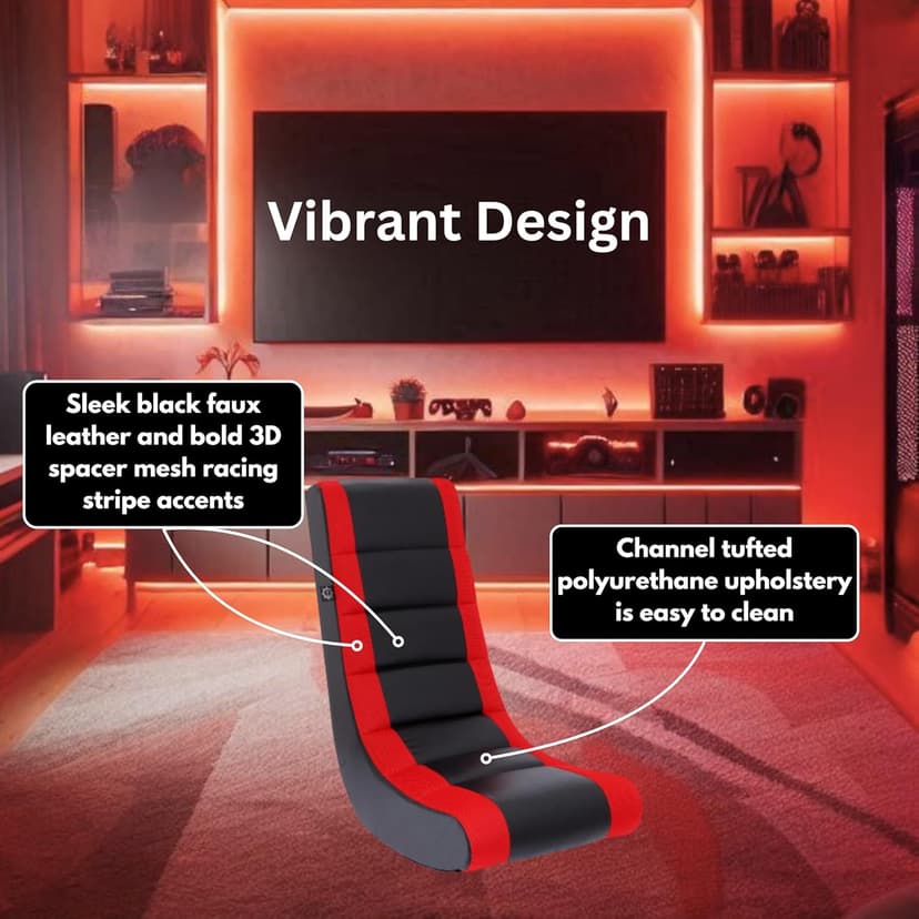 The Crew Furniture Classic Video Rocker Floor Gaming Chair, for Kids and Teens, PU Faux Leather & Polyester Mesh, Black/Red