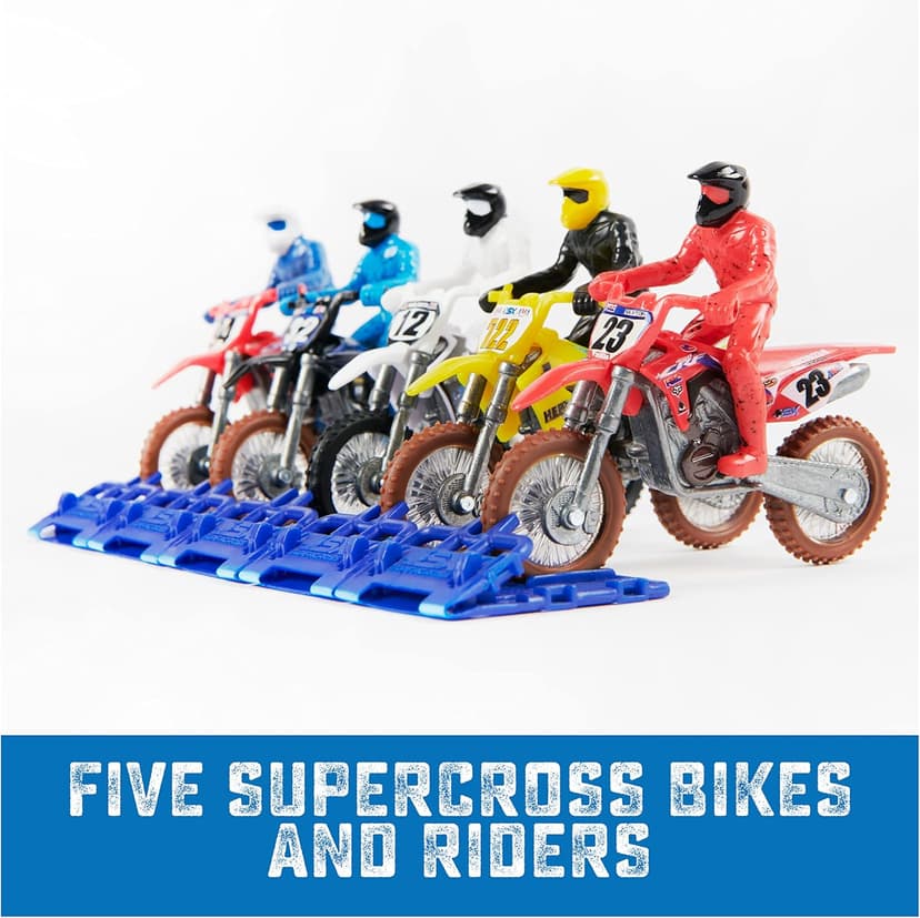 Supercross, Authentic 5-Pack of 1:24 Scale Die-Cast Motorcycles with Rider Figure, Toy Moto Bike for Kids and Collectors Ages 3 and up