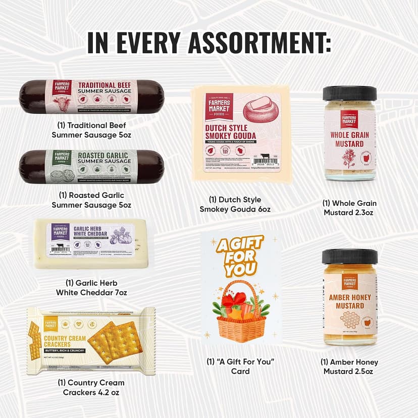 Roasted Garlic & Smoked Beef Sausages, Gouda & Garlic Herb White Cheddar, Crackers, Whole Grain & Amber Honey Mustard Farmers Market Traditional Charcuterie Gift Box with Summer Sausage &Cheese B093CGRM2T