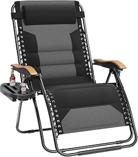 PHI VILLA XXL Oversized Padded Zero Gravity Chair, Foldable Patio Recliner, 30" Wide Seat Anti Gravity Lounger with Cup Holder, Support 400 LBS (Black)