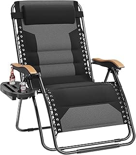 PHI VILLA XXL Oversized Padded Zero Gravity Chair, Foldable Patio Recliner, 30" Wide Seat Anti Gravity Lounger with Cup Holder, Support 400 LBS (Black)
