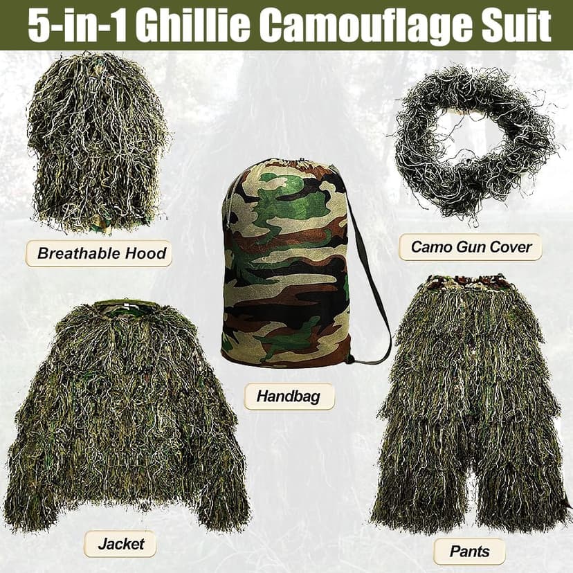 MOPHOTO 5 in 1 Ghillie Suit 3D Camouflage Hunting Suits - Jacket, Pants, Hood, Carry Bag for Adults & Youth, M/L/XL/XXL