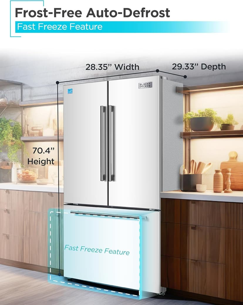BLACK+DECKER 16 Cu. Ft. French Door Refrigerator with Built-in Ice Maker, Full Size Refrigerator with Bottom Mount Freezer Drawer, ENERGY STAR certified, White