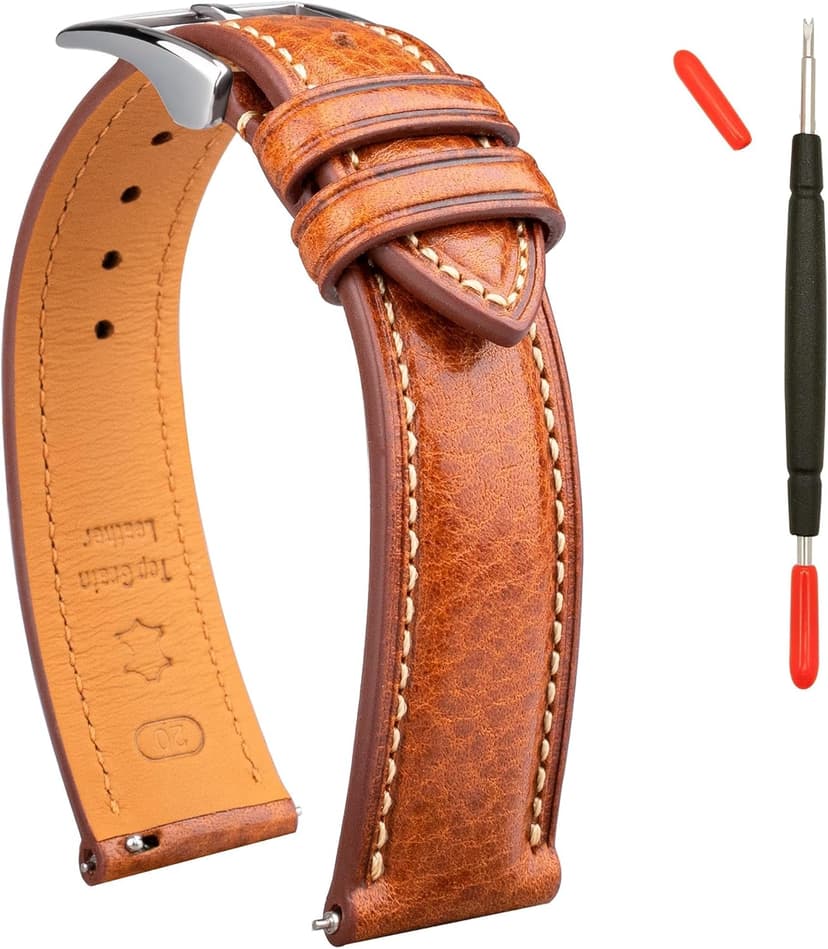 Gomvadr Italian Leather Watch Band Tuscany Natural Vegetable-Tanned Top Grain Genuine Leather Strap,18mm 19mm 20mm 21mm 22mm XL XXL Quick Release Replacement Watch Bands for Men and Women Thick and Soft