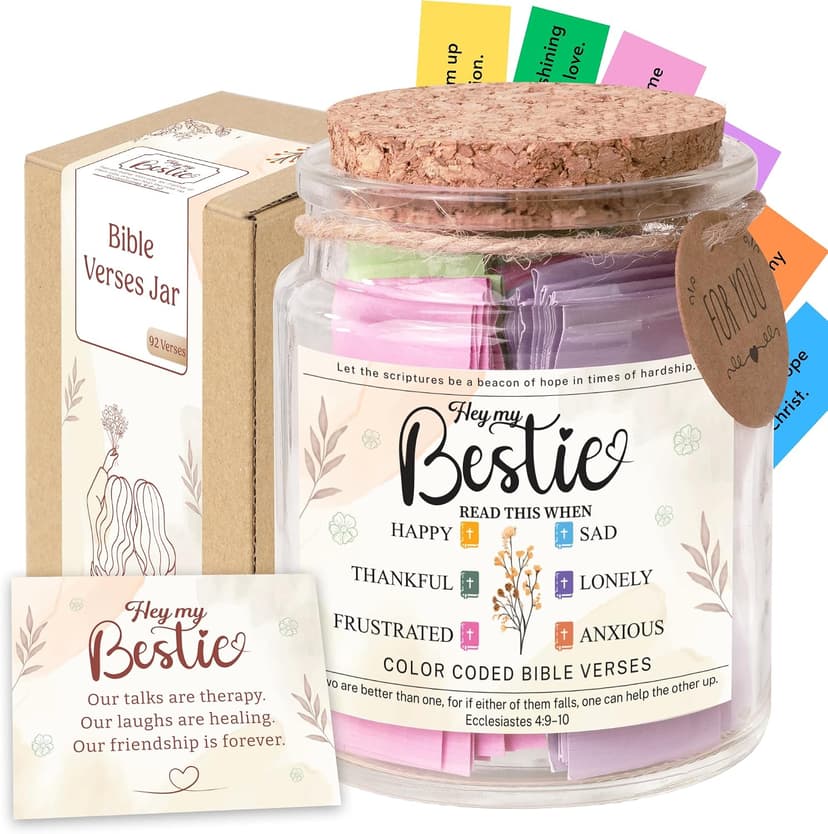 Bestie Bible Verses Jar – Birthday Gifts for Friends, Graduation Gifts for Bestie, Color Coded Bible Verses, Faith Based Friendship Gift for Women B0FF54MWMG