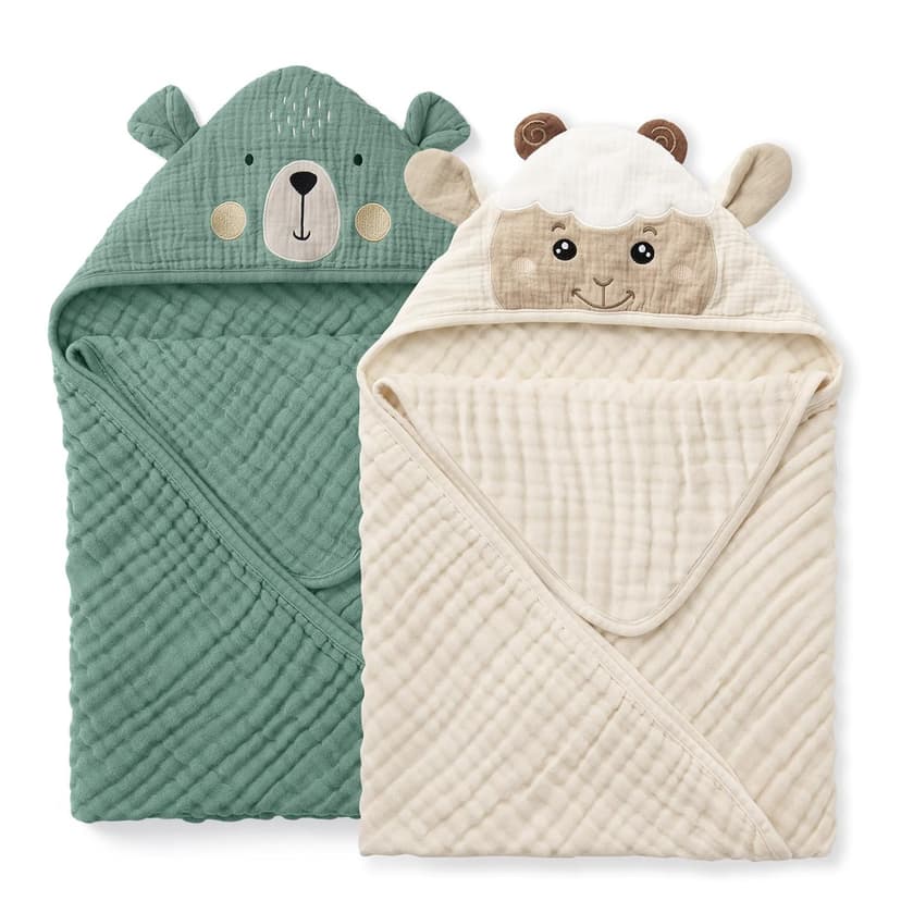 Blissful Diary Muslin Baby Hooded Towel 2 Pack, Soft & Absorbent Bath Towel for Infant, Toddler, Unisex, Baby Gift, Newborn Essentials, Bear & Lamb B0FQ9ZT37D
