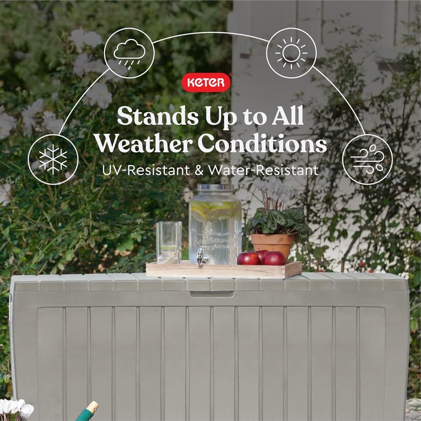 Keter Marvel Plus 71 Gallon Resin Outdoor Storage Box for Patio Furniture Cushions, Throw Pillows, Garden Tools and Pool Floats, Beige