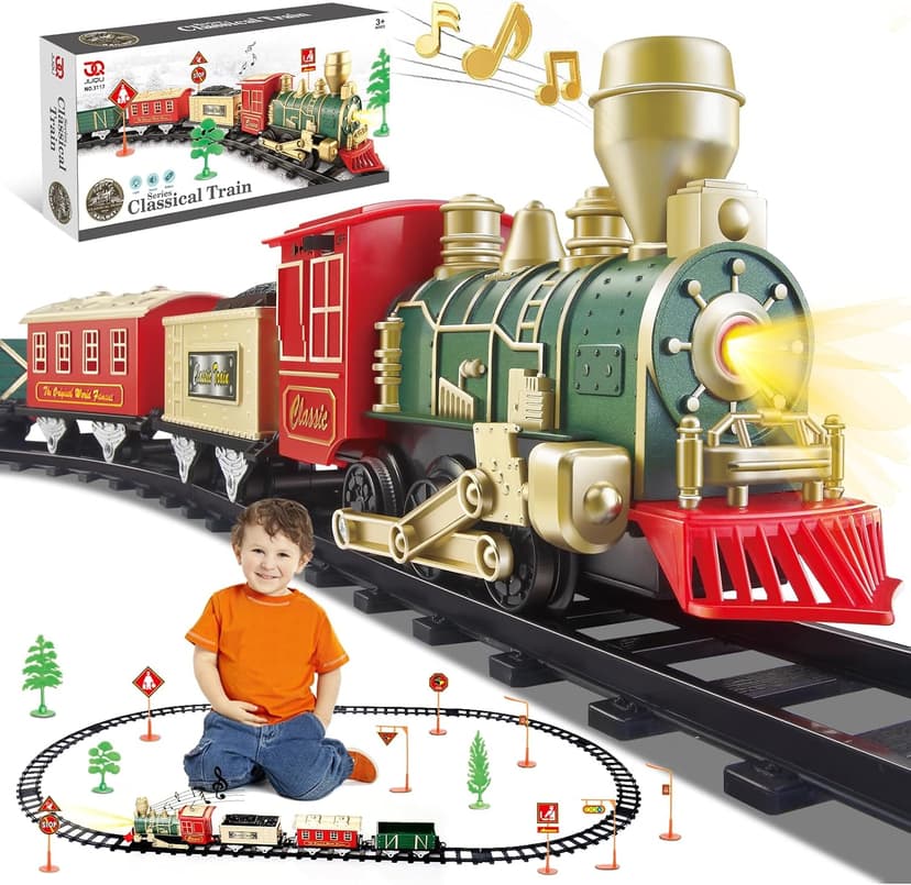 JQ JUQU Electric Train Set for Kids Ages 3-8, Battery Operated Toy Train with Lights and Sounds, 3 Cars and 10 Tracks for Christmas and Year Round Play