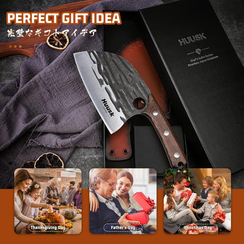 Heavy Duty Serbian Chef Knife for Meat & Bone Cutting, Full Tang Ergonomic Wood Handle, BBQ Camping Gift for Men & Dad Huusk Meat Cleaver Knife with Sheath, Hand Forged Chopping Butcher Knives B0BCVZGPVM