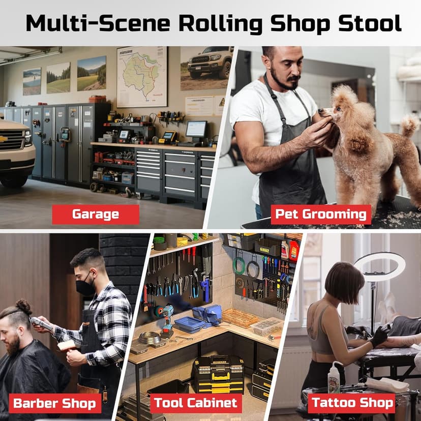 Rolling Shop Stool with Wheels, Garage Mechanic Stool Chair with Backrest, Height Adjustable Heavy Duty Swivel Task Chair, Adjustable Footrest with Storage Tray for Garage Kitchen Salon Tattoo (Black)