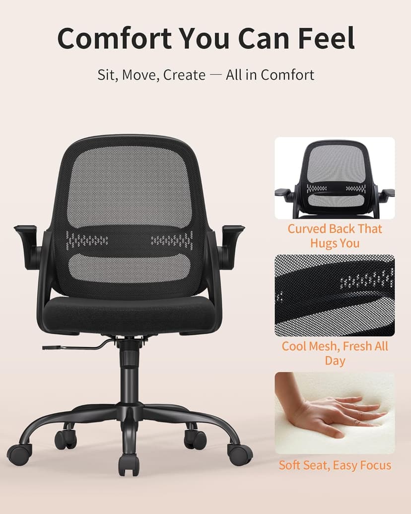 Ergonomic Mesh Office Chair with Flip-Up Arms, Adjustable Height, Breathable Mesh Back & Thick Cushion Seat, 360° Swivel Rolling Computer Desk Chair, BIFMA Certified, Supports 300 lbs (Black)