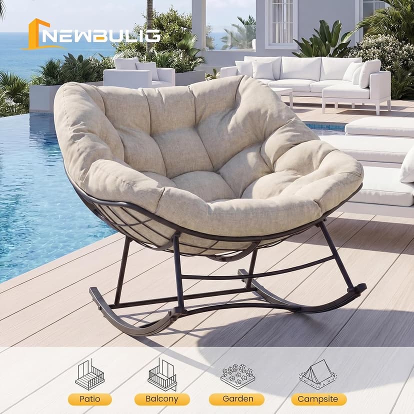 NEWBULIG Outdoor Patio Rocking Chair with 5.5" Thick Cushion, Oversized Egg Lounge Chair, 450 Lbs Heavy Duty, Water-Repellent Fabric, for Garden, Porch, Living Room