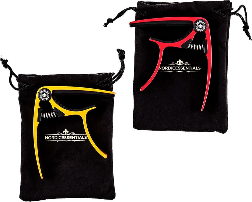 Guitar Capo (2 Pack) for Acoustic Guitars, Ukulele, Banjo, Mandolin, Bass - Made of Ultra Lightweight Aluminum Metal (1.2 oz!) for 6 & 12 String Instruments - Nordic Essentials (Red + Gold)