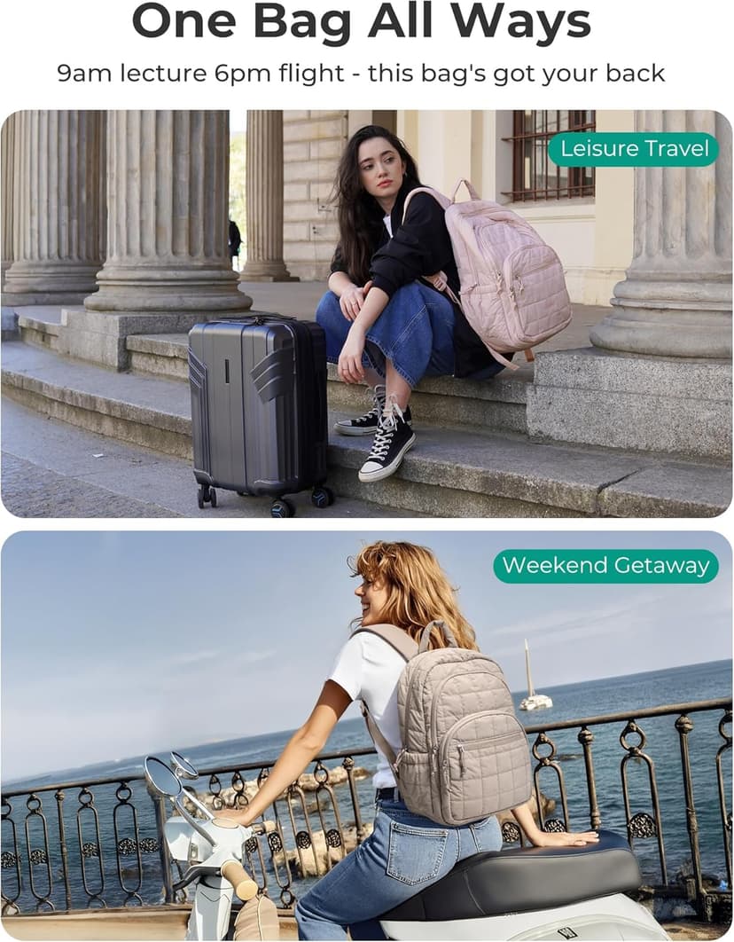 BAGSMART College Laptop Backpack, Travel Backpack for Women, Quilted Casual Daypack, Water-Resistant Bookbag for 15.6 Inch Laptop, Black