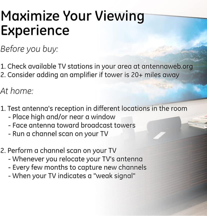 GE Flat Panel Indoor HD Digital TV Antenna, Long Range Smart TV Antenna, Supports 4K 1080P HD Smart TV VHF UHF, Extendable Dipole Rabbit Ears, Adjustable Stand, 5ft Coax HDTV Cable, 33681