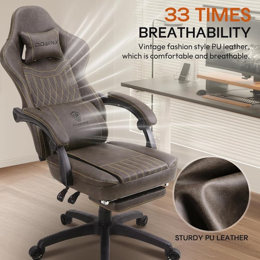 Dowinx Gaming Chair Breathable PU Leather Gamer Chair with Footrest Massage Lumbar Support, Big and Tall Ergonomic Reclining Computer Chair with Pocket Spring Cushion for Adults Teens (Brown)