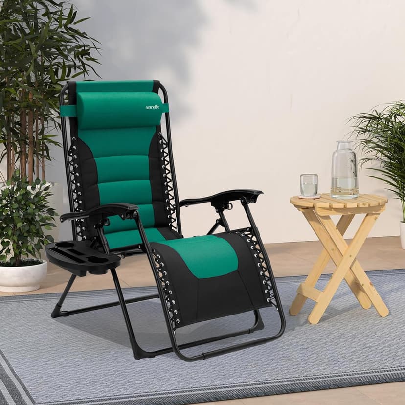 SereneLife Oversized Padded Zero Gravity Lounge Chair, Foldable Outdoor Patio Recliner, Anti Gravity Lawn Recliner with Cup Holder and Side Table for Backyard, Camping, Beach or Outdoor Relaxation