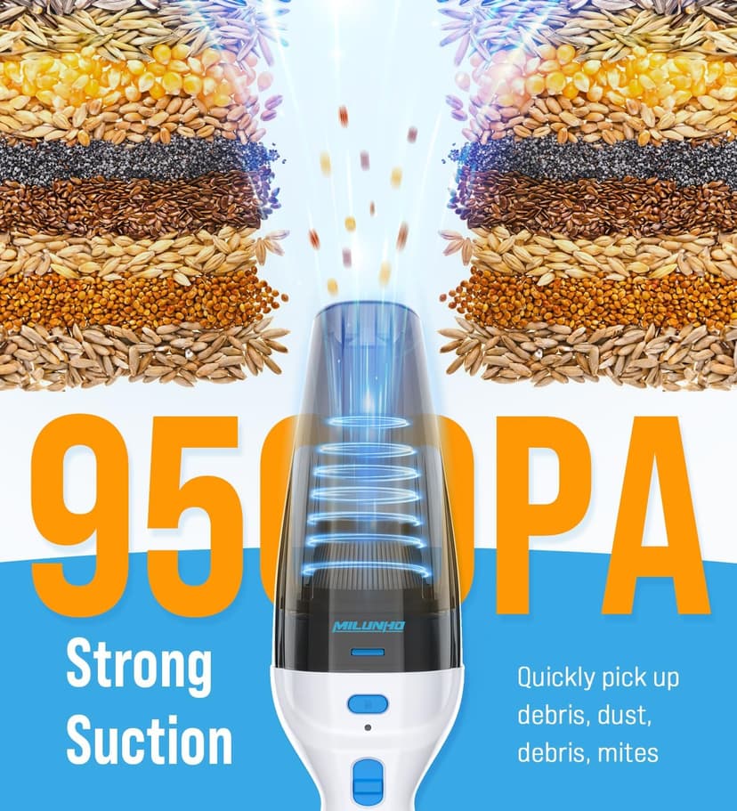 Milunho Powerful Handheld Vacuum Cordless, 9500PA Rechargeable Car Vacuum Portable Cordless, Lightweight & Portable Mini Handheld Vacuum Cleaner with Large-Capacity Battery for Car/Home/Pet