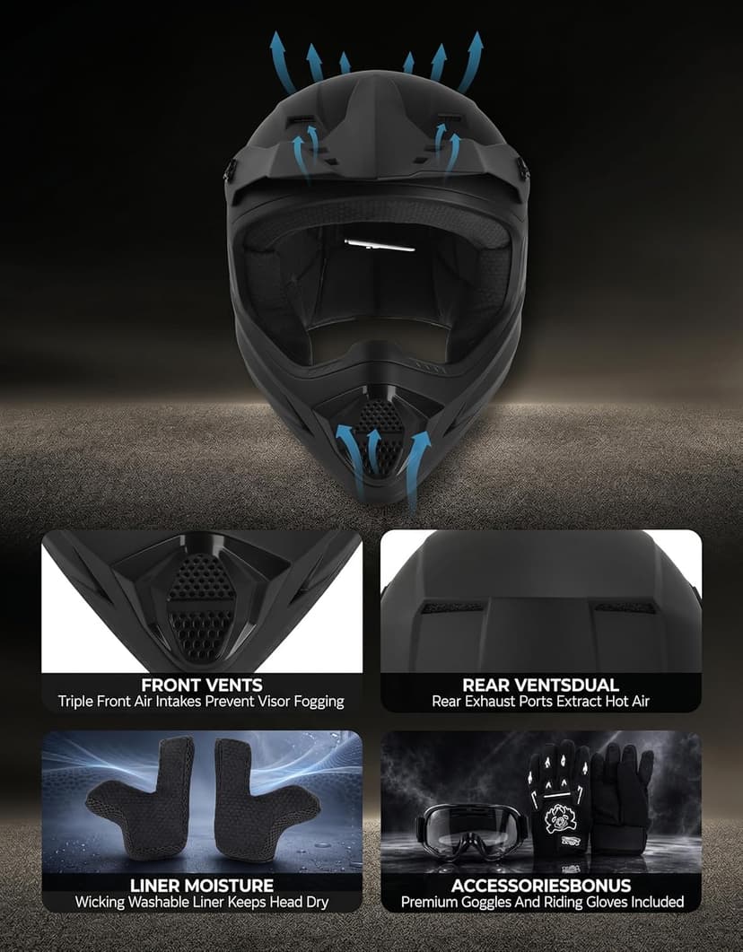 SLMOTO Youth ATV Helmet DOT Youth Kids Motocross Offroad Street Dirt Bike Helmet Motorcycle ATV Full Face Helmet with Goggles Gloves, Matte Black Small