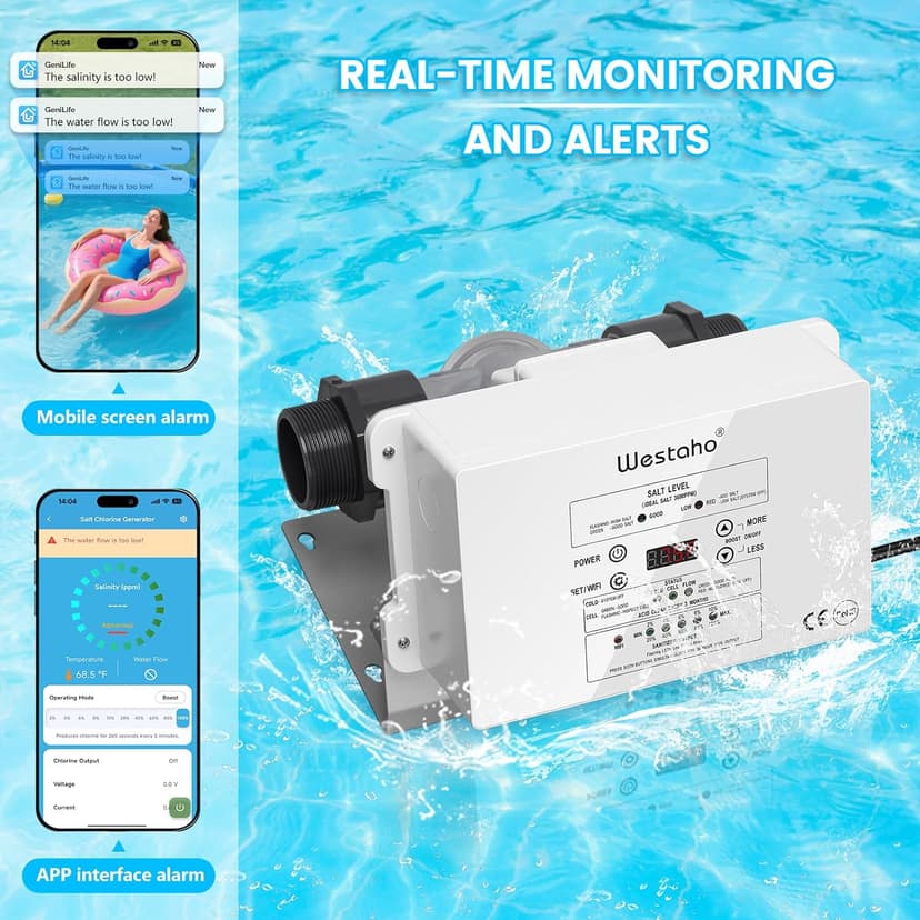 WiFi Salt Chlorine Generator, Westaho Salt Chlorination System with USA Titanium Cell, Real-Time Monitoring & App Control, for Above Ground Pools Up to 15,000 Gallons, Compatible with Intex Pool