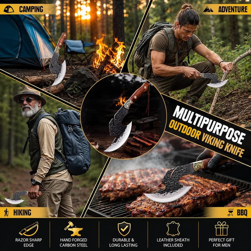 High carbon steel kitchen axe for meat cutting. Ideal for outdoor BBQ & camping. Premium birthday gift box for men & dad Topfeel Hand Forged Meat Cleaver,6.2" Viking Knife with Sheath gift for men B0FVSNSCRK