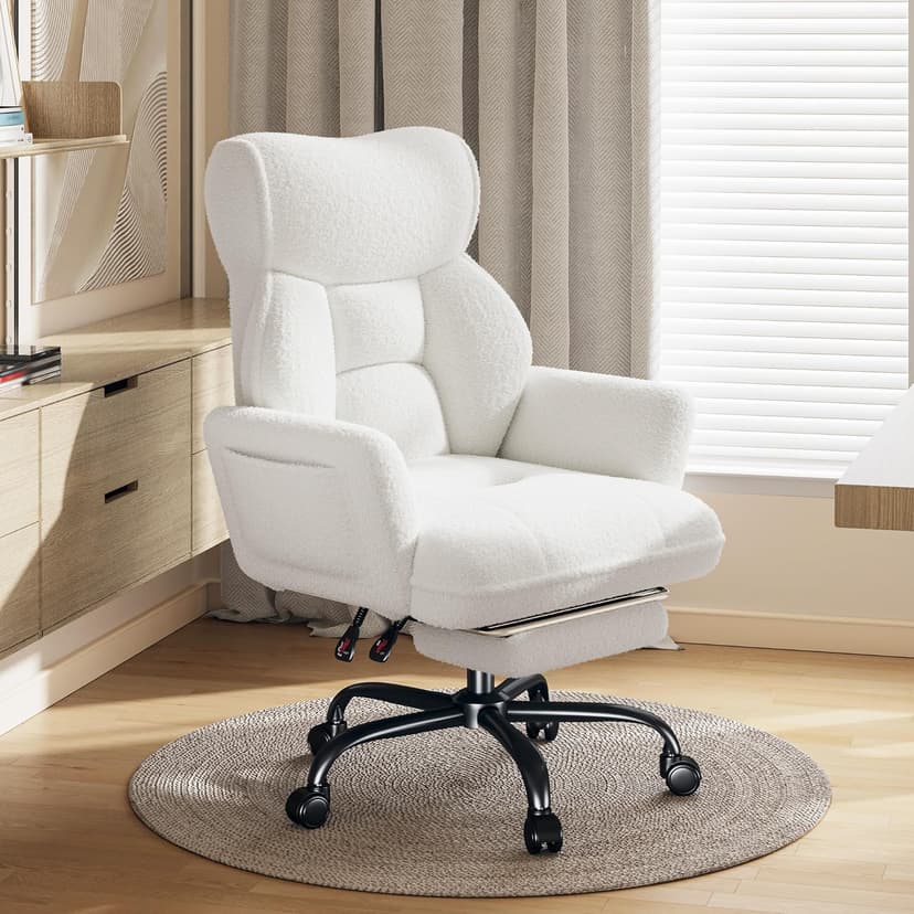 DurayLoly Big and Tall Office Chair with Adjustable Arms and Back, Ergonomic Office Chair with Footrest and Comfortable Fabric for Home Office, Bedroom,White