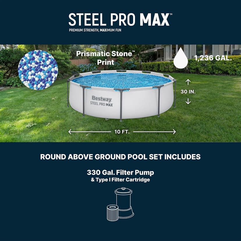Bestway Steel Pro MAX 10' x 30" Above Ground Pool, Round Metal Frame Outdoor Swimming Pool Set with Filter Pump & Type I Cartridge, Gray