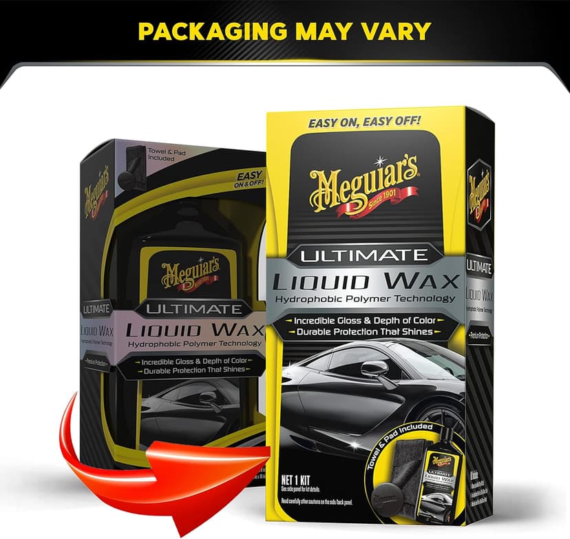 Meguiar's Ultimate Liquid Wax, Improved Liquid Car Wax Formula for Durable Protection that Shines, Premium Towel and Applicator Pad Car Accessories Included, 16 Oz Bottle