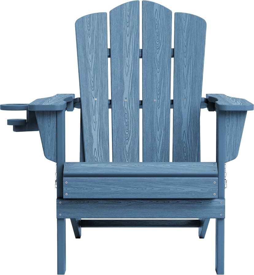 KINGYES Folding Adirondack Chair, HDPE All-Weather Patio Chairs with Cup Holder, Wooden Textured Fire Pit Chairs Recliner for Poolside, Backyard, Deck, Navy