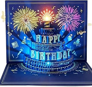UPGRADED 3D Pop Up Firework Birthday Cards, Musical LED Lights Birthday Cards with Blowable Birthday Cake, Greeting Cards, Birthday Gifts for Mom Women Men Kids Child Dad Father Wife