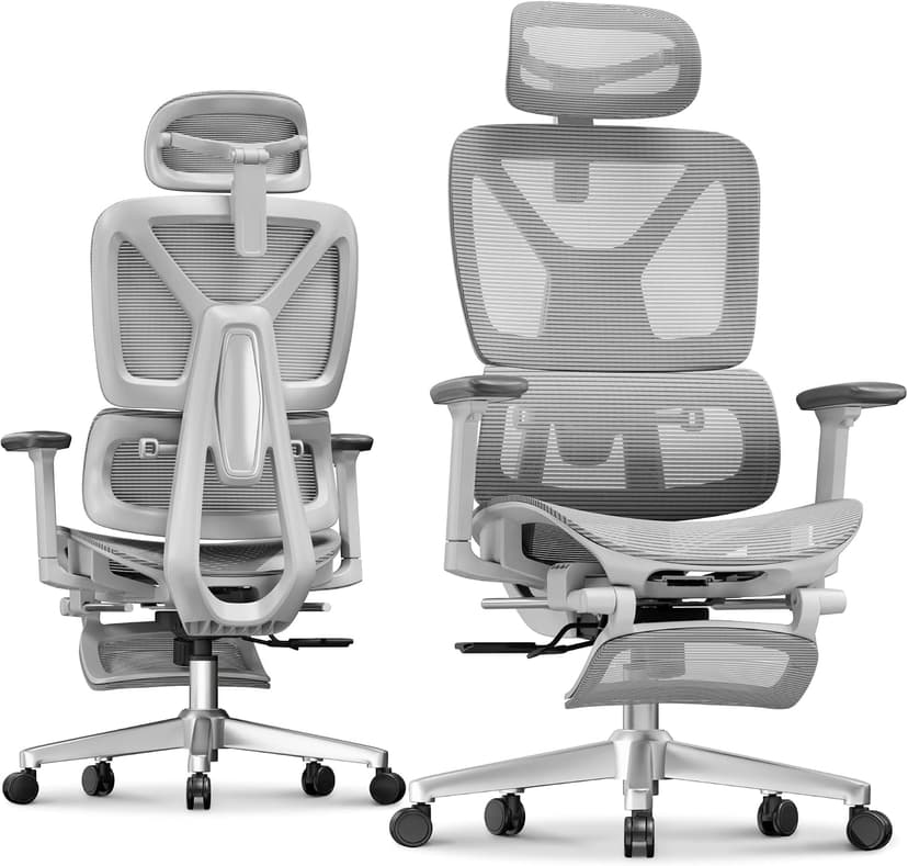 FLEXISPOT ErgoX Premium Ergonomic Office Chair with Footrest- Adjustable 3D Armrests, Dynamic Lumbar Support, Recline & Tilt Function, Mesh Seat, for Home & Office Use,Light Grey
