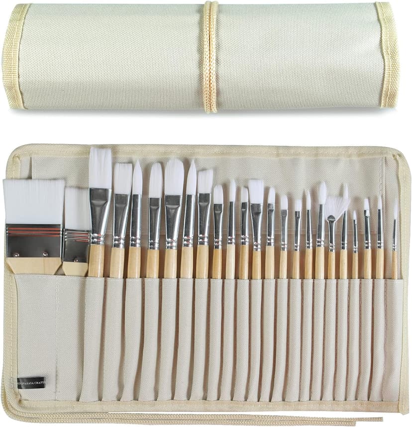 Wooden Handles, 24 Different Types of Brushes, Nylon Hair, Professional, Oil, Acrylic and Watercolor Painting Paint Brushes Set of 24 Pieces with Canvas Brush Case B095M9LKPN