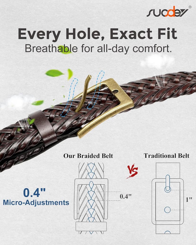 SUOSDEY Braided Genuine Leather Belt for Men, 1.2" Width Men’s Casual Woven Leather Belt for Jeans Pants