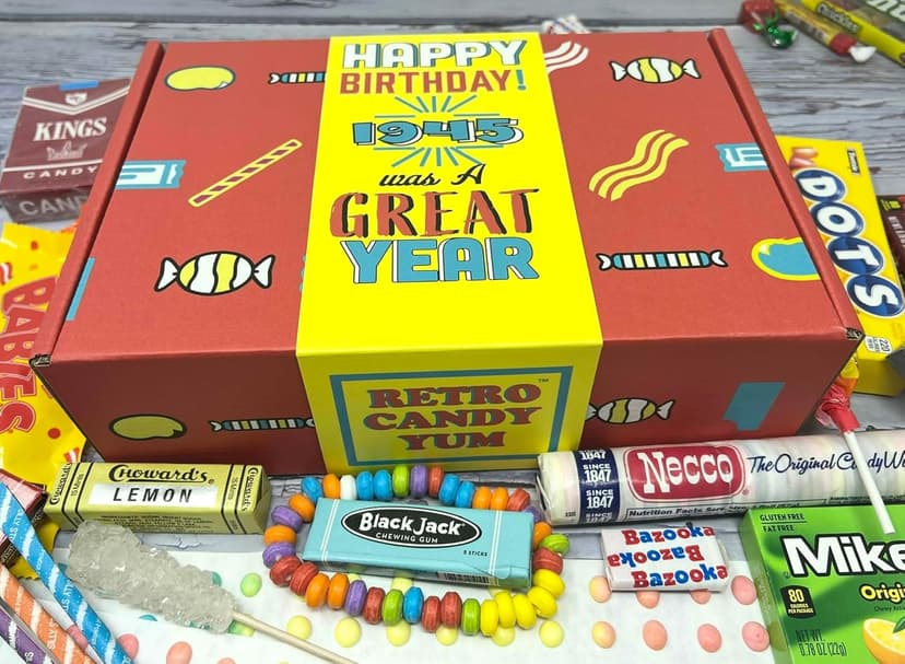 RETRO CANDY YUM ~ 80th Birthday Nostalgic Candy Gift Basket Box Assortment from Childhood Memories for Woman or Man Born 1945 jr