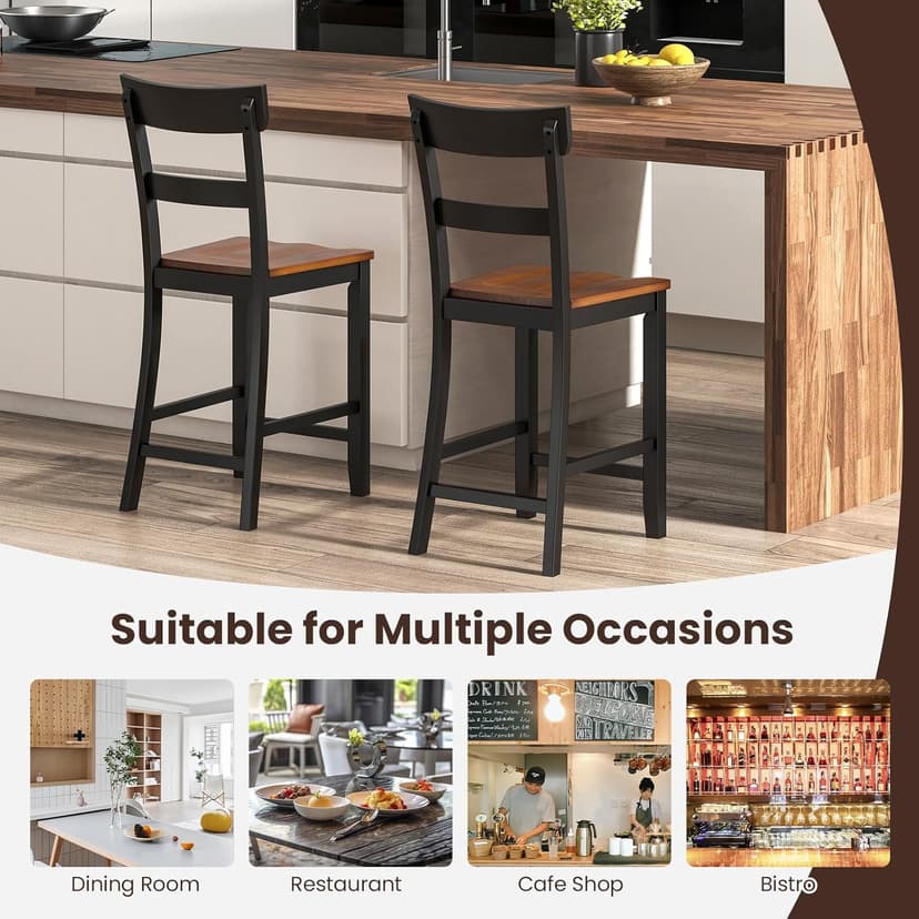 COSTWAY Counter Height Bar Stools Set of 4, 24'' Mid Century Modern Island Chairs with Rubber Wood Legs and High Backrest, Wooden Barstools for Home Kitchen, Dining Room, Bar, Restaurant (Black)