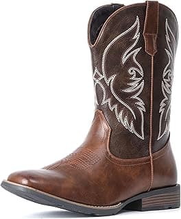 IUV Cowboy Boots For Men Square Toe Western Boot Durable Retro Classic Embroidered Pull On Boot Slip Resistant Country Boots