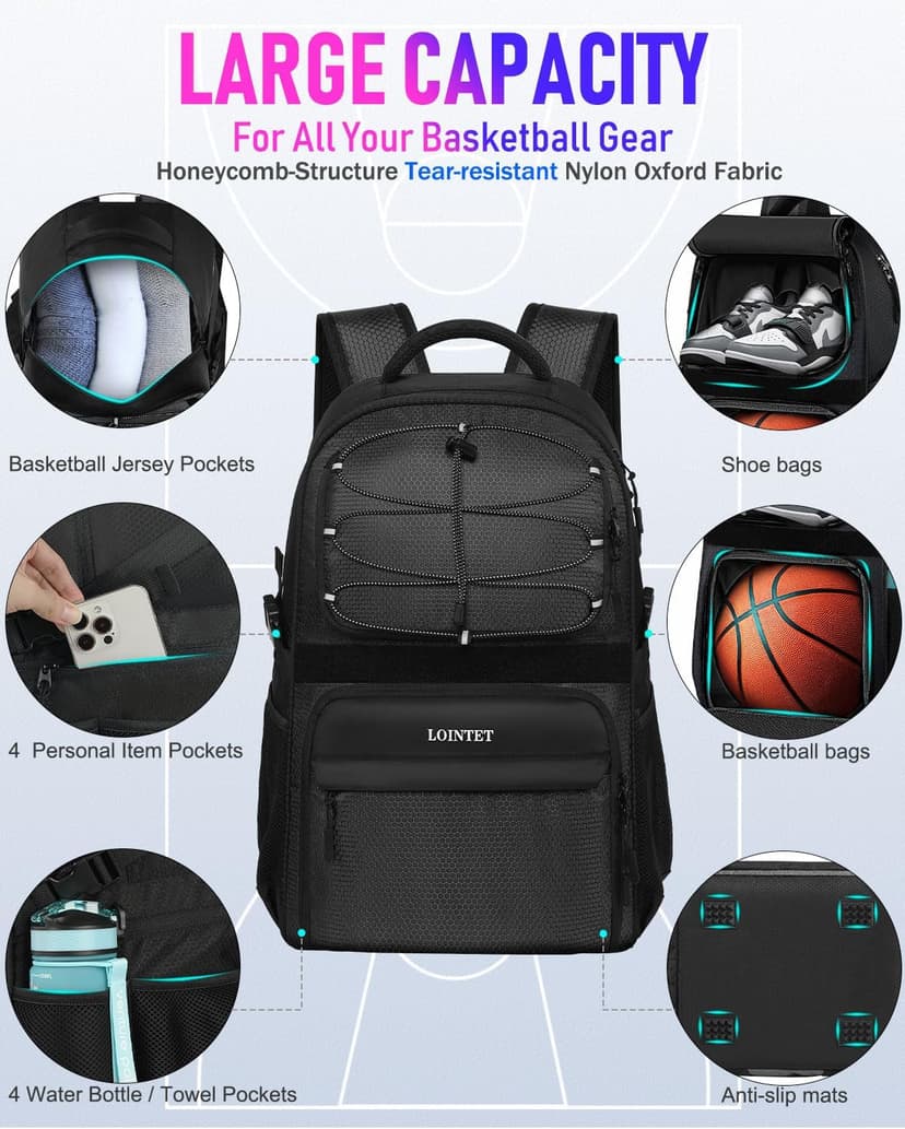 LOINTET Basketball Bag Backpack with Ball Holder Shoes Compartment, Large Basketball Accessories Sports Bag
