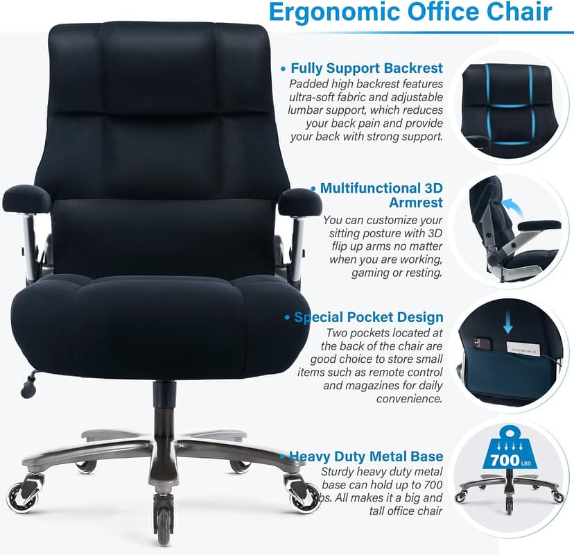 Big and Tall Office Chair 700lbs- Executive Desk Chair with Adjustable Lumbar Support 3D Flip UP Arms- Heavy Duty Quiet Wheels Metal Base Ergonomic Computer Chairs, Black