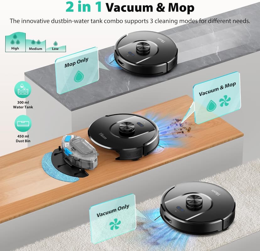 Tikom Robot Vacuum and Mop, 6000Pa Robotic Vacuum Cleaner with Self-Emptying Base, 90 Days Capacity, LiDAR Navigation, Home Mapping, Ideal for Pet Hair, Hard Floors, Carpet (L8000 Plus)