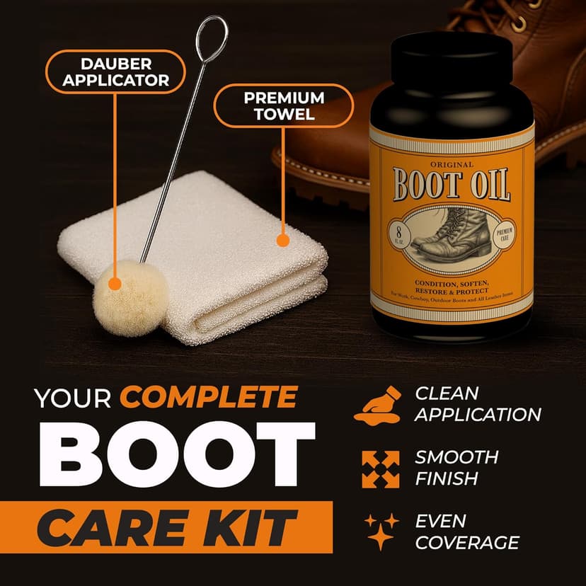 Leather Boot Oil for Work & Cowboy Boots – Deep-Conditioning Formula, Restore and Protects Dry, Cracked Leather, Complete Boots and Shoes Conditioner Care Kit w/ Applicator & Polishing Cloth 8oz