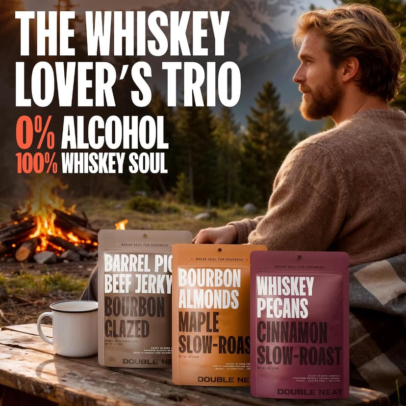 Double Neat Bourbon Flavored Snacks Variety Pack | Snacks Gifts for Men | Bourbon Glazed Beef Jerky, Cinnamon Whiskey Pecans, Almonds | Gift for Whiskey Lovers Men | 10oz, 3 Pack B0GGHN7KTL