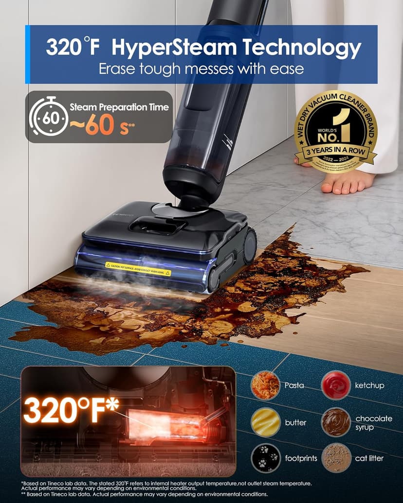 Tineco Floor One S7 Stretch Steam Cordless Wet Dry Vacuum Steam Mop All-in-One, 320℉ HyperSteam, 180° Lay-Flat, Anti-Tangle Design, FlashDry Self-Cleaning, Up to 75 Min Runtime