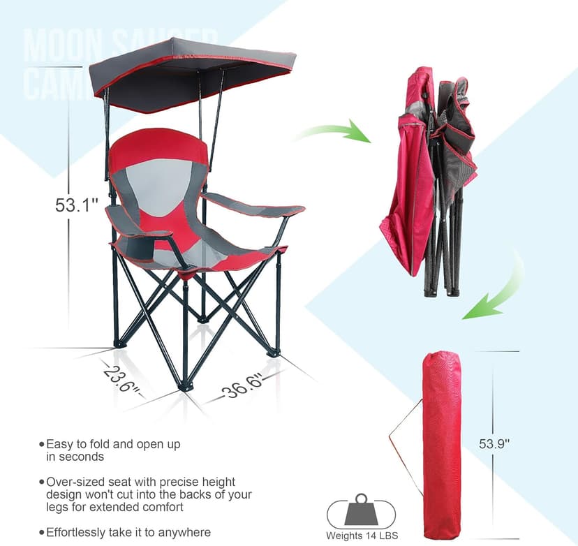 ALPHA CAMP Heavy Duty Canopy Camping Chair, 350 lbs Capacity Oversized Folding Chair with Adjustable Sunshade, Portable Sunshade Chair with Cup Holder for Beach, Fishing, Outdoor, Red